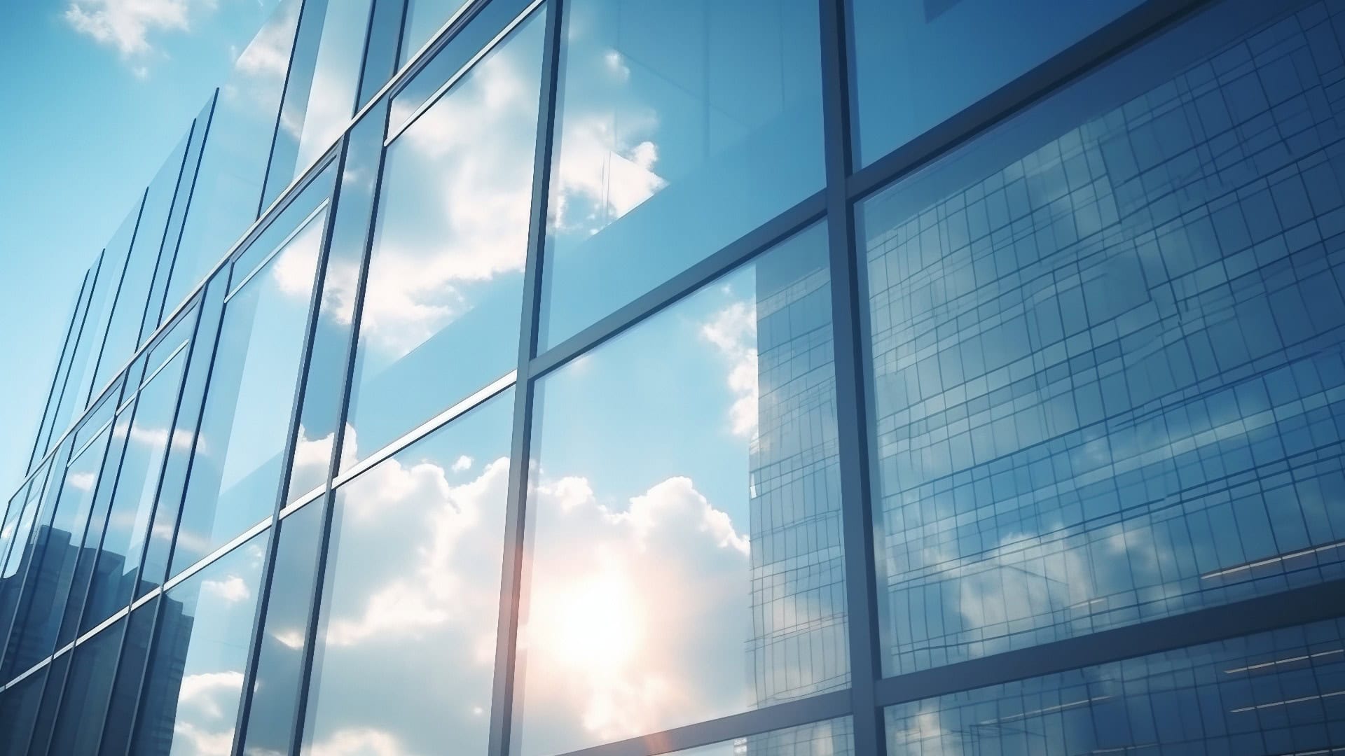 Modernes Bürogebäude oder Geschäftszentrum. Hochhausfenster aus Glas reflektieren die Wolken und das Sonnenlicht. leere Straße außerhalb der Mauer Moderne Zivilisation. aufstrebendes Geschäft